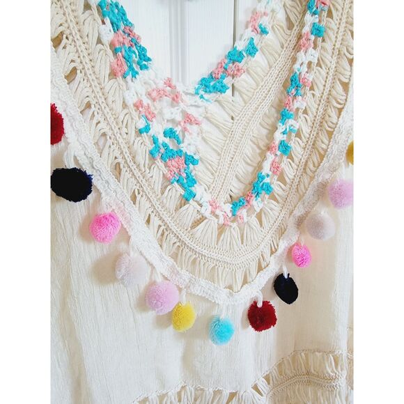 Joress M Oversized Southwest Top Hippie Pompom Low Cut Gauze Tan‎ Tassels SS - Picture 5 of 9
